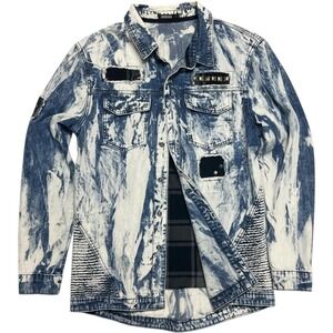 Imperious Mens Acid Wash Denim Shirt‎ Studded Distressed Blue Large